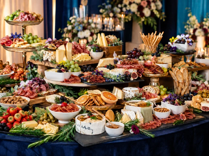 Elaborate luxury grazing table catering in Orlando with artisan cheeses, cured meats, fruit, breads, dips, florals and tiered serving pieces
