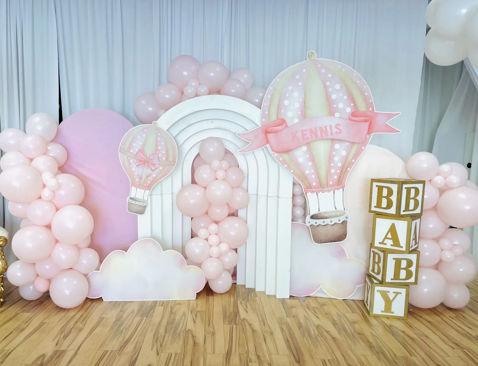 Pink up up and away hot air balloon backdrop