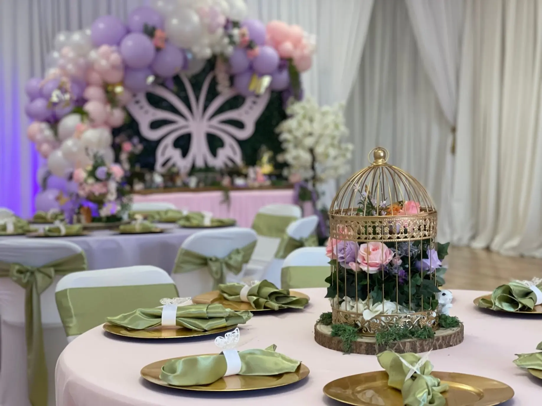 Fairy pastel Sweets table with butterflies and gold bird cages