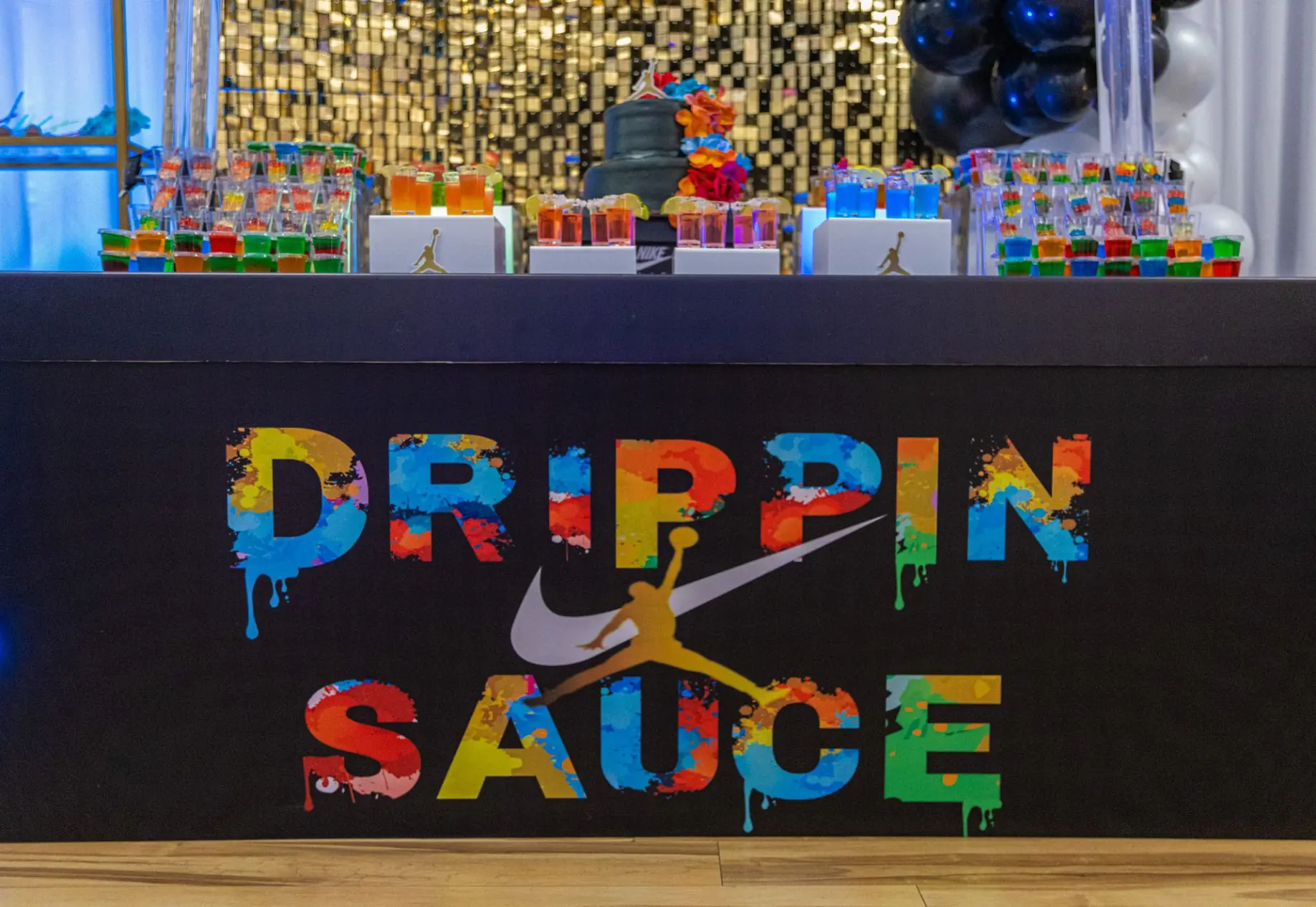 Drippin Sauce Sneaker Ball with Jello Shot Cocktail Display Anniversary Party